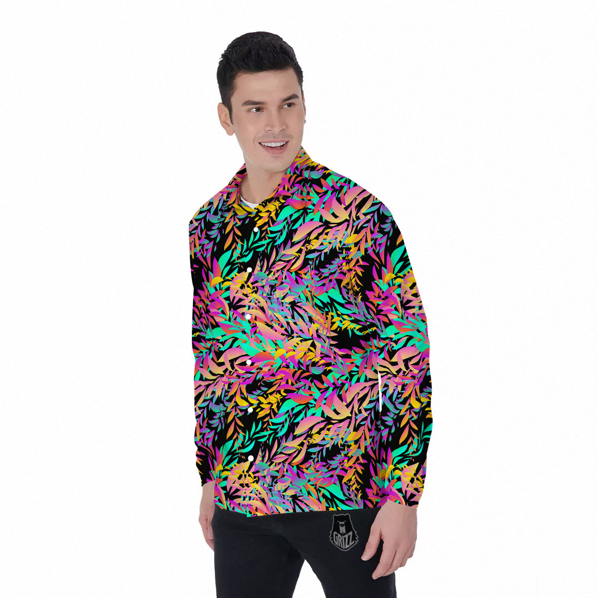 Abstract Leaf Neon Print Pattern Men's Long Sleeve Shirts-grizzshop