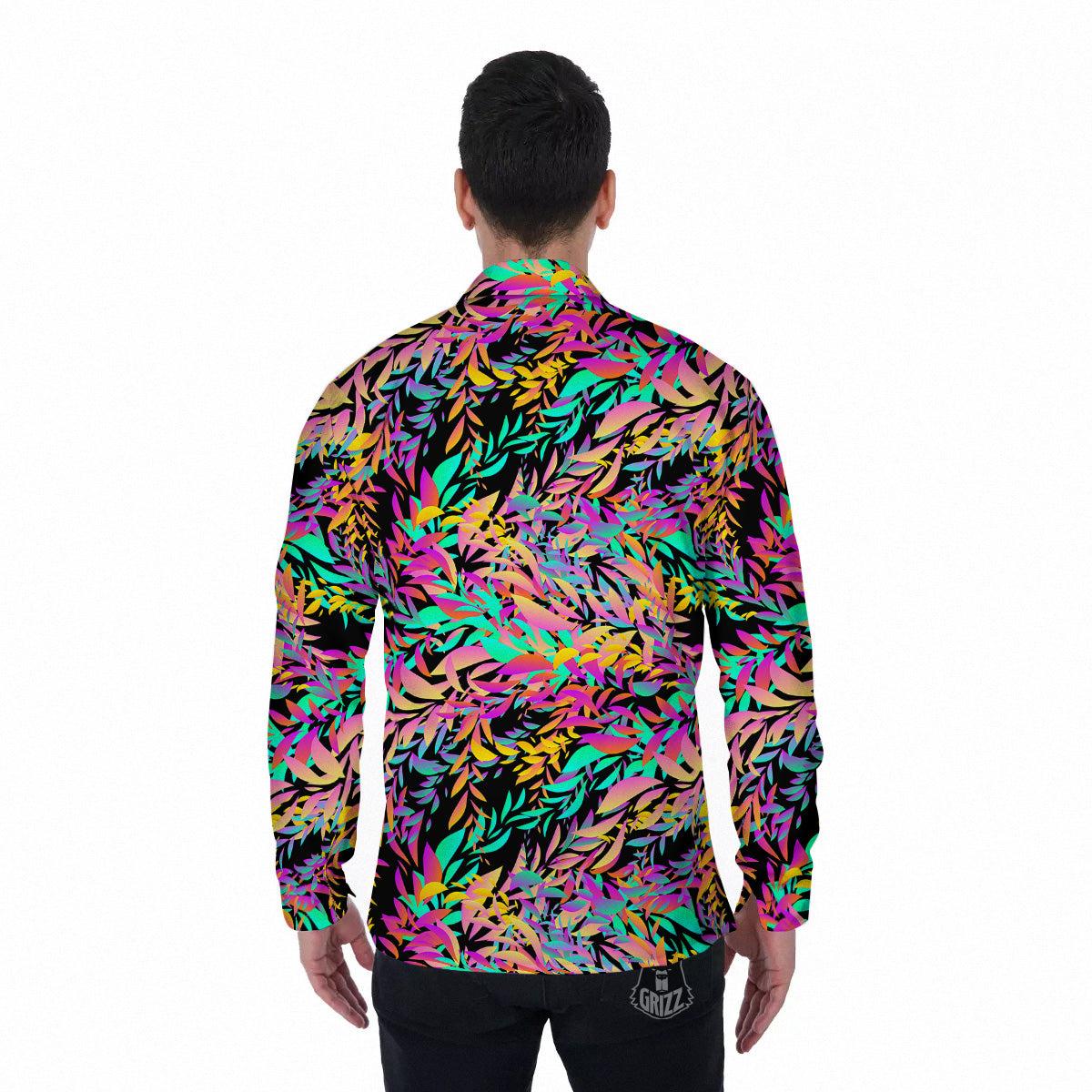Abstract Leaf Neon Print Pattern Men's Long Sleeve Shirts-grizzshop