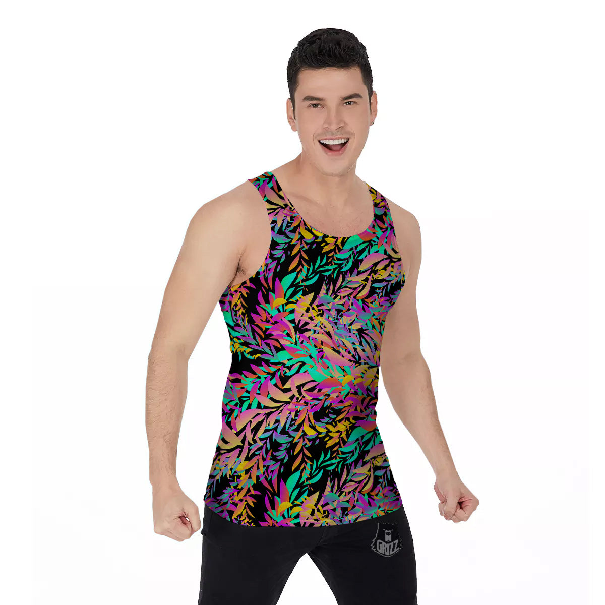 Abstract Leaf Neon Print Pattern Men's Tank Top-grizzshop