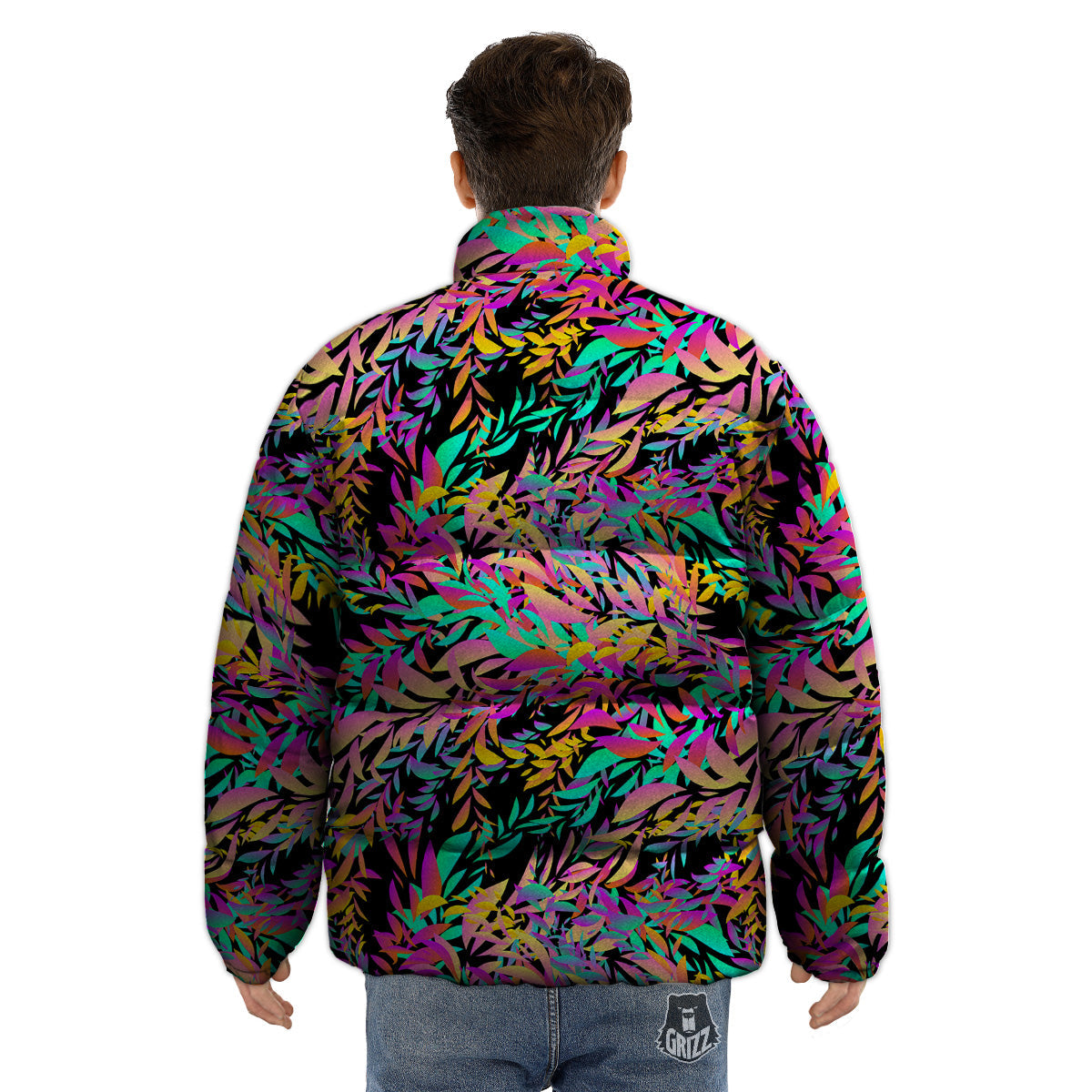 Abstract Leaf Neon Print Pattern Puffer Jacket-grizzshop