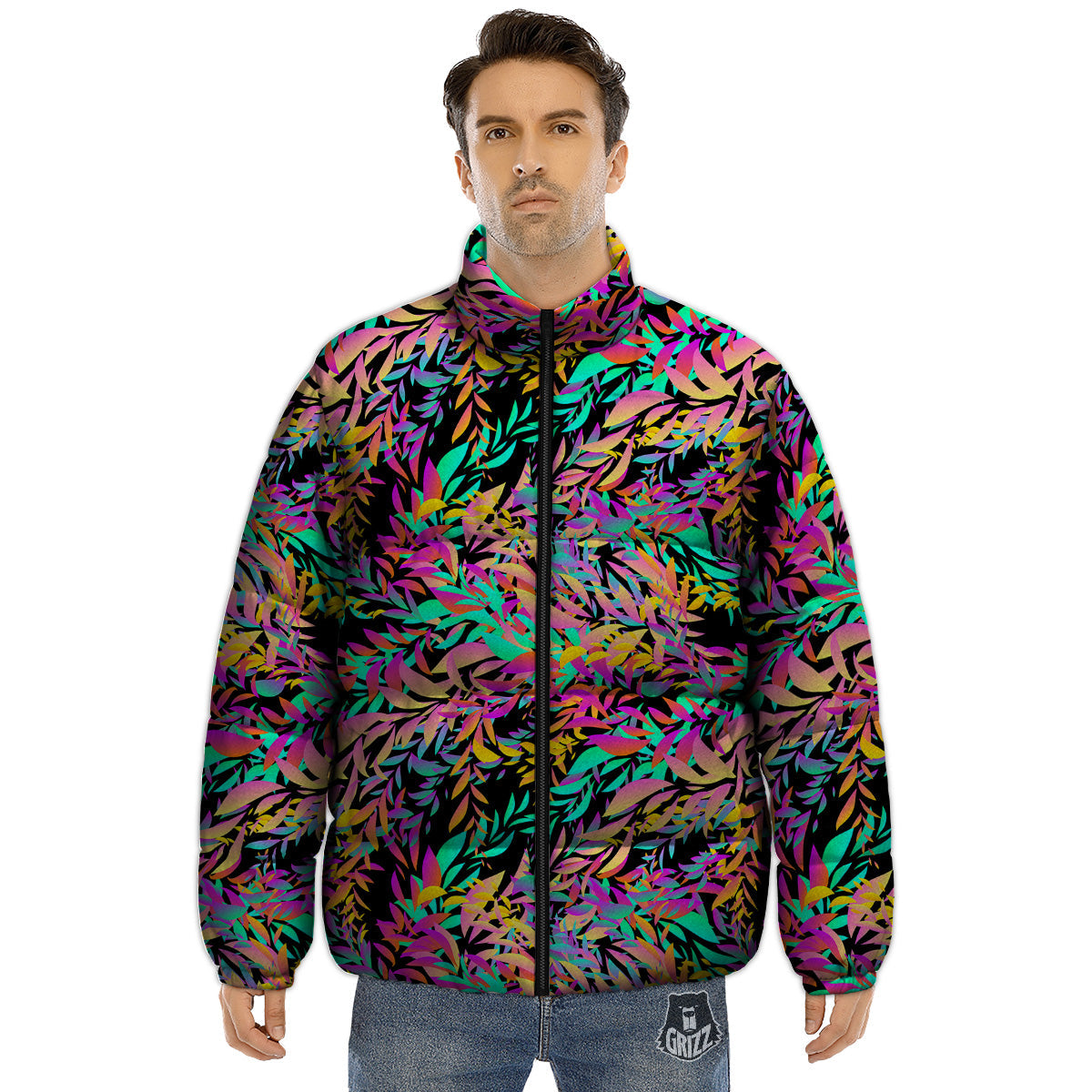 Abstract Leaf Neon Print Pattern Puffer Jacket-grizzshop