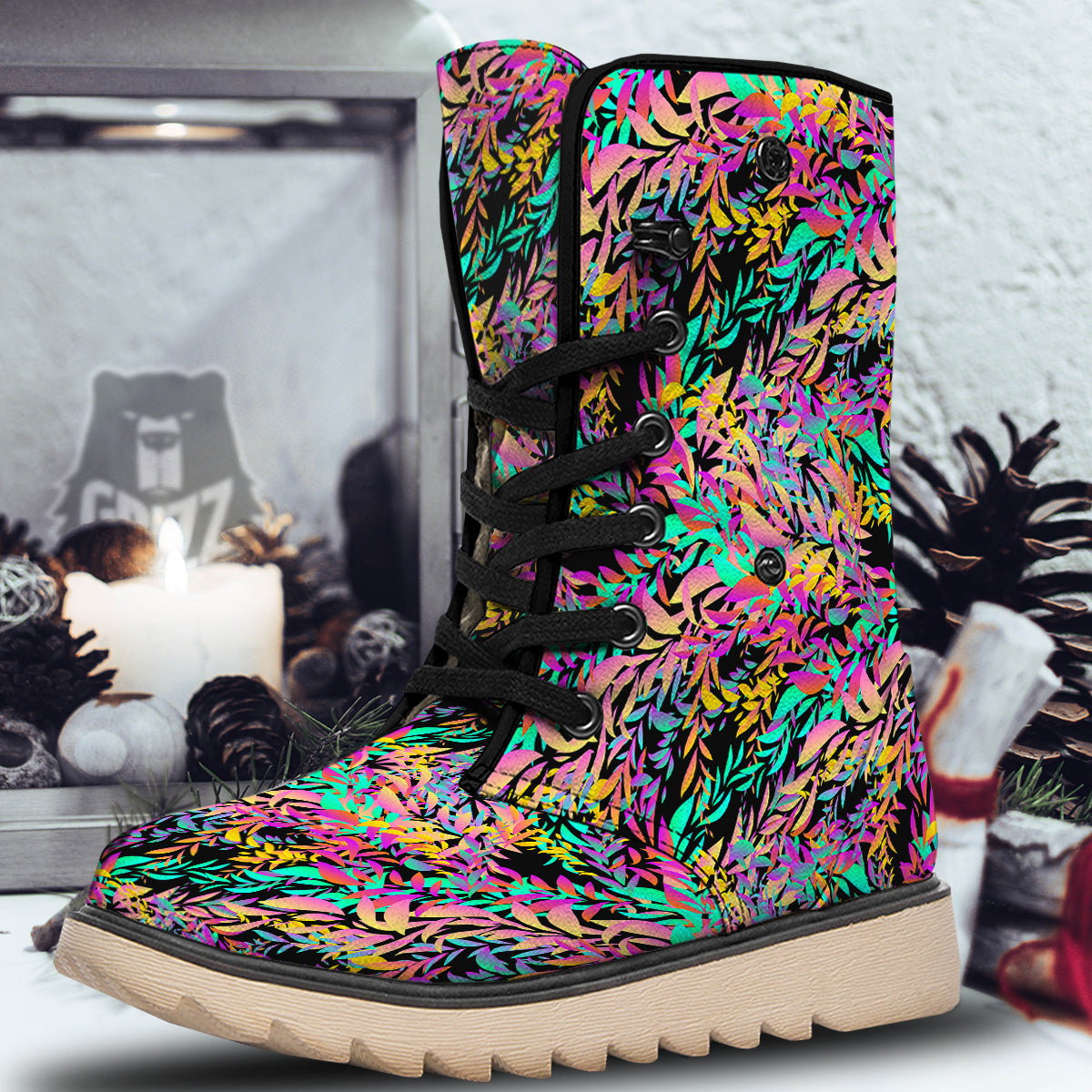 Abstract Leaf Neon Print Pattern Snow Boots-grizzshop