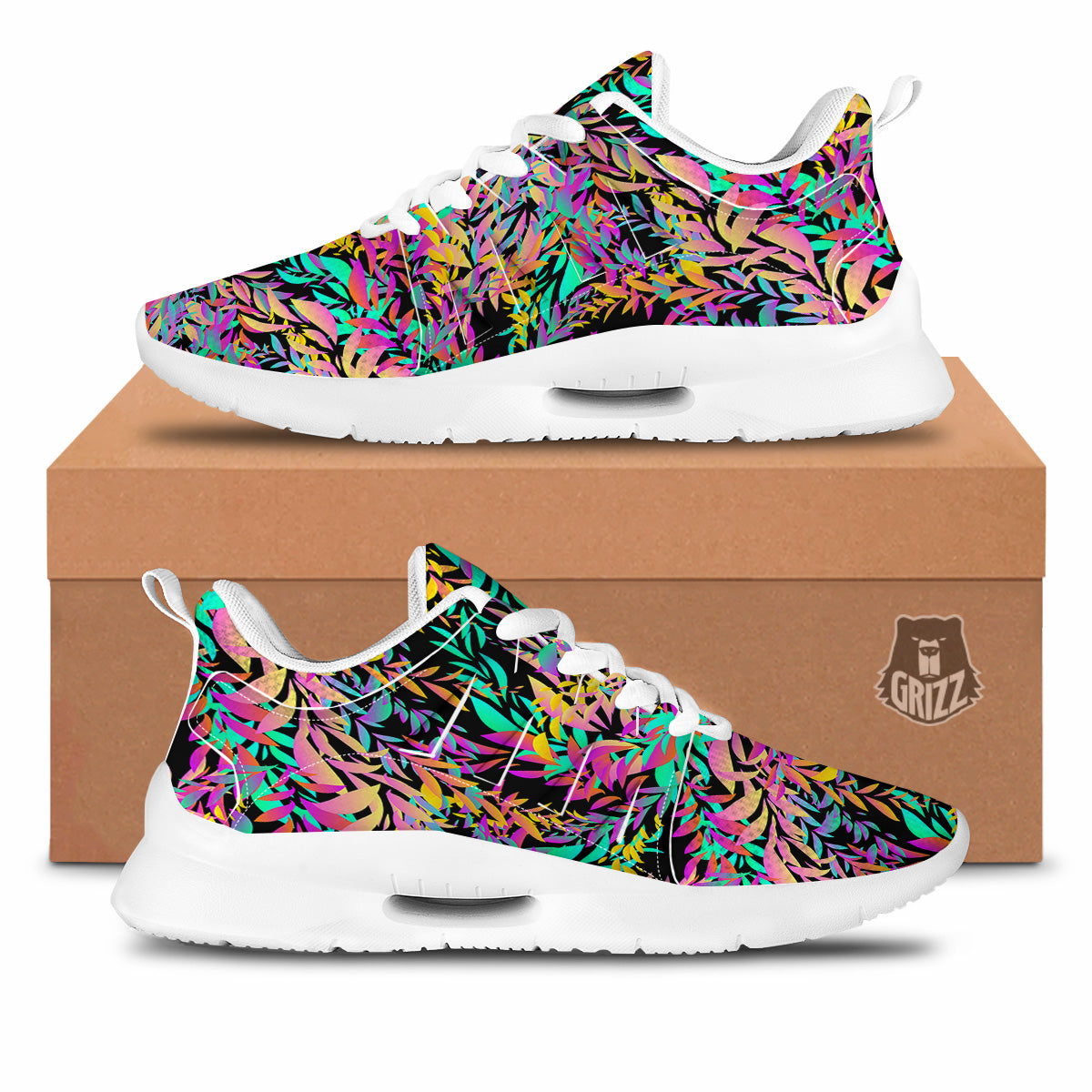 Abstract Leaf Neon Print Pattern Tennis Shoes-grizzshop