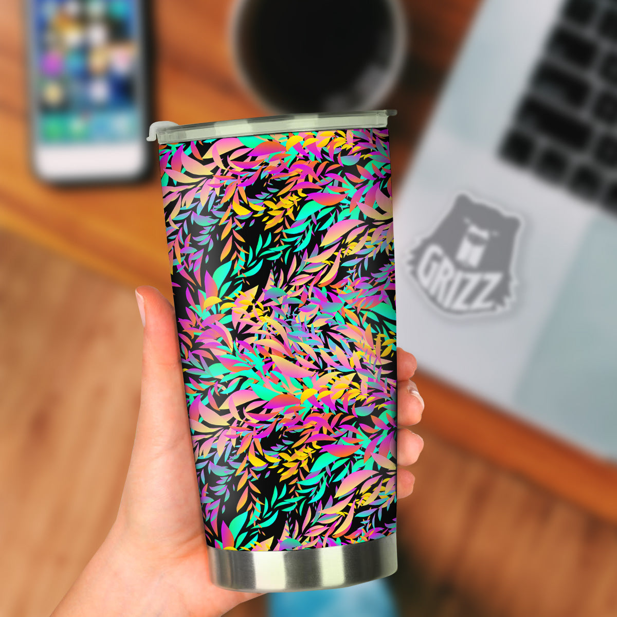 Abstract Leaf Neon Print Pattern Tumbler-grizzshop
