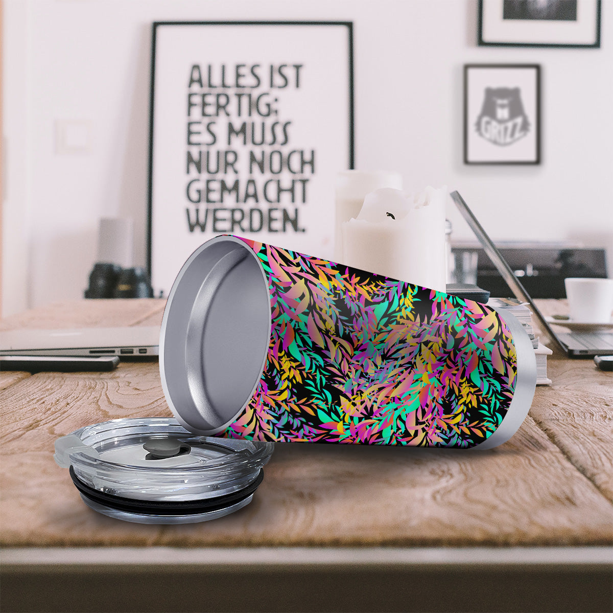 Abstract Leaf Neon Print Pattern Tumbler-grizzshop