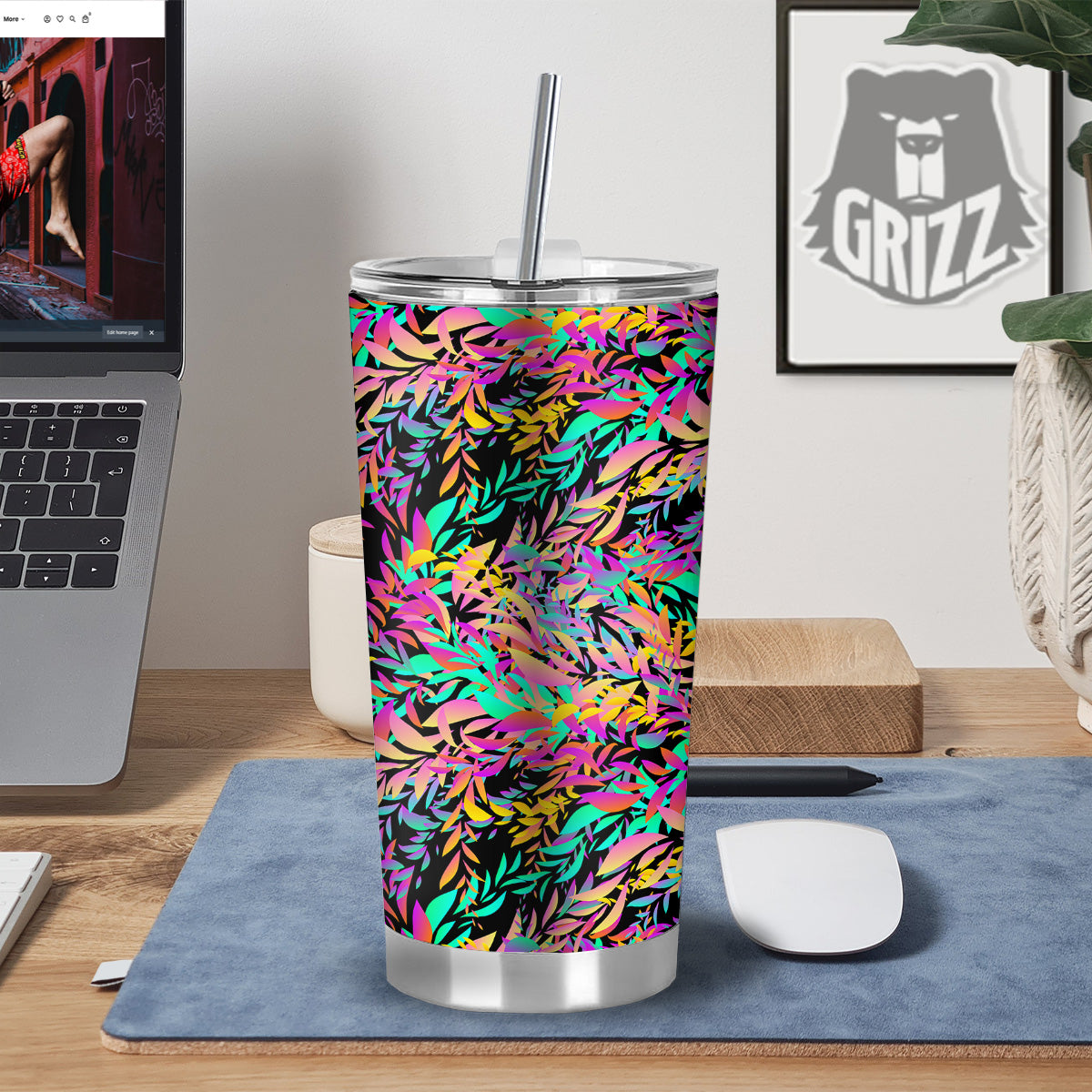 Abstract Leaf Neon Print Pattern Tumbler-grizzshop