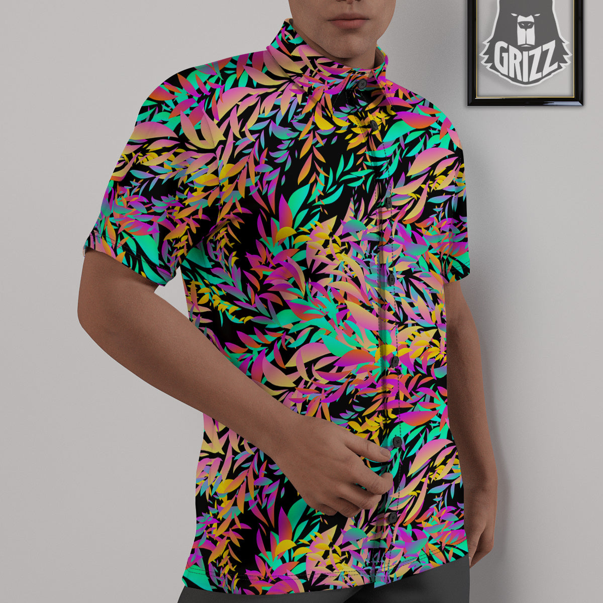 Abstract Leaf Neon Print Pattern Untucked Shirts-grizzshop