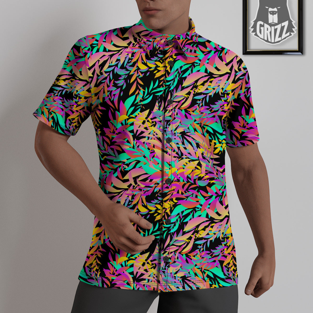 Abstract Leaf Neon Print Pattern Untucked Shirts-grizzshop