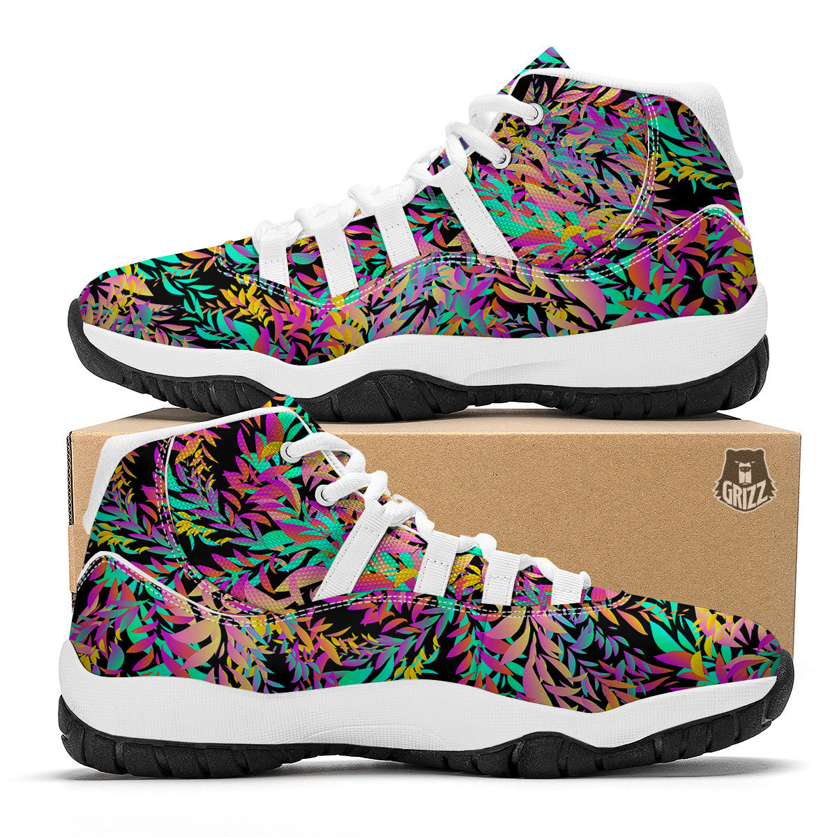 Abstract Leaf Neon Print Pattern White Bball Shoes-grizzshop