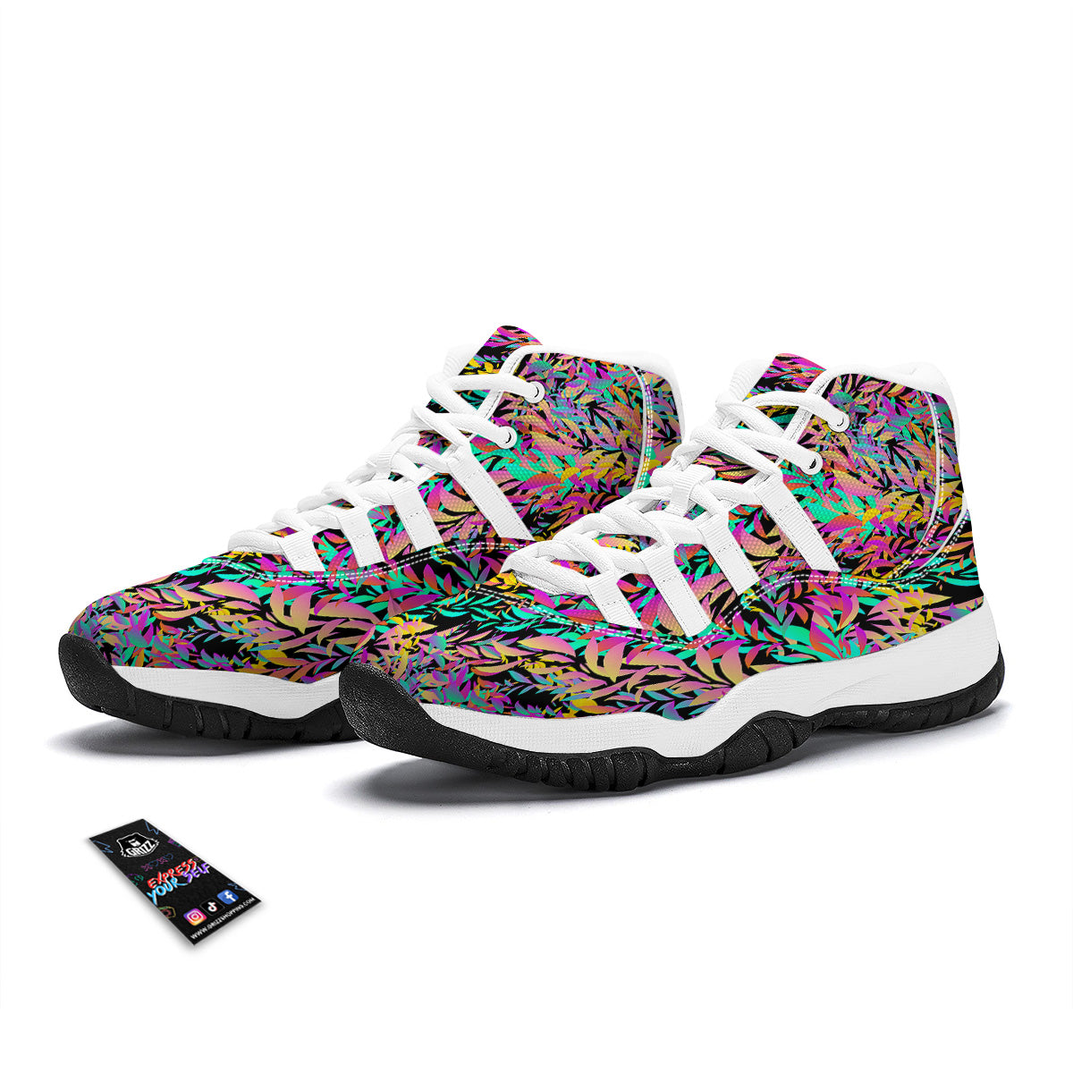 Abstract Leaf Neon Print Pattern White Bball Shoes-grizzshop