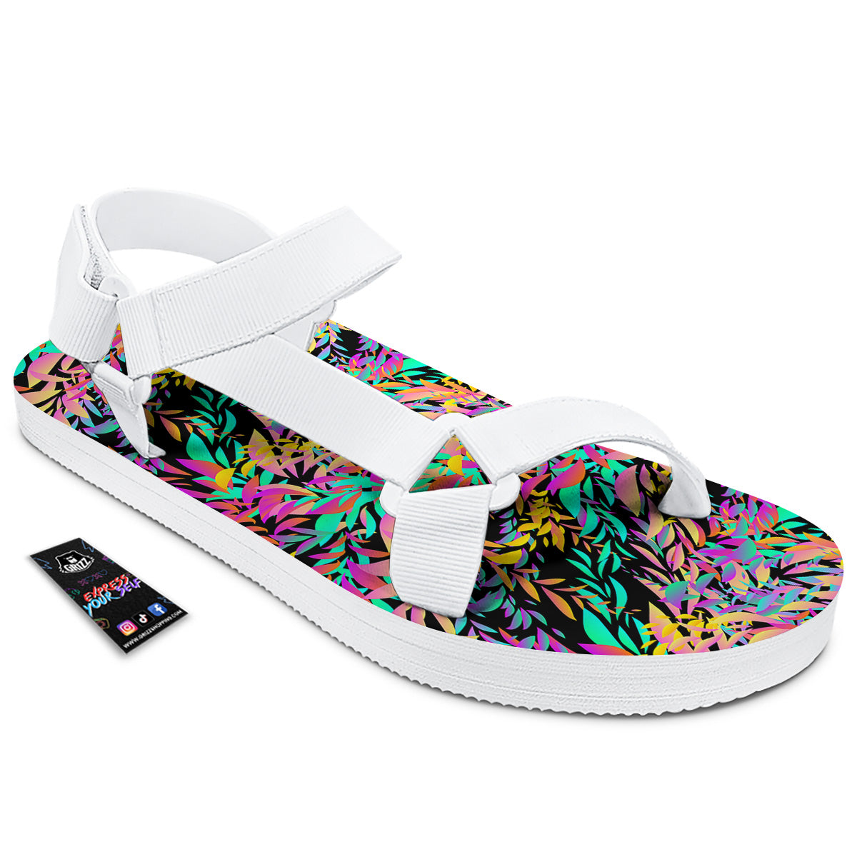 Abstract Leaf Neon Print Pattern White Open Toe Sandals-grizzshop