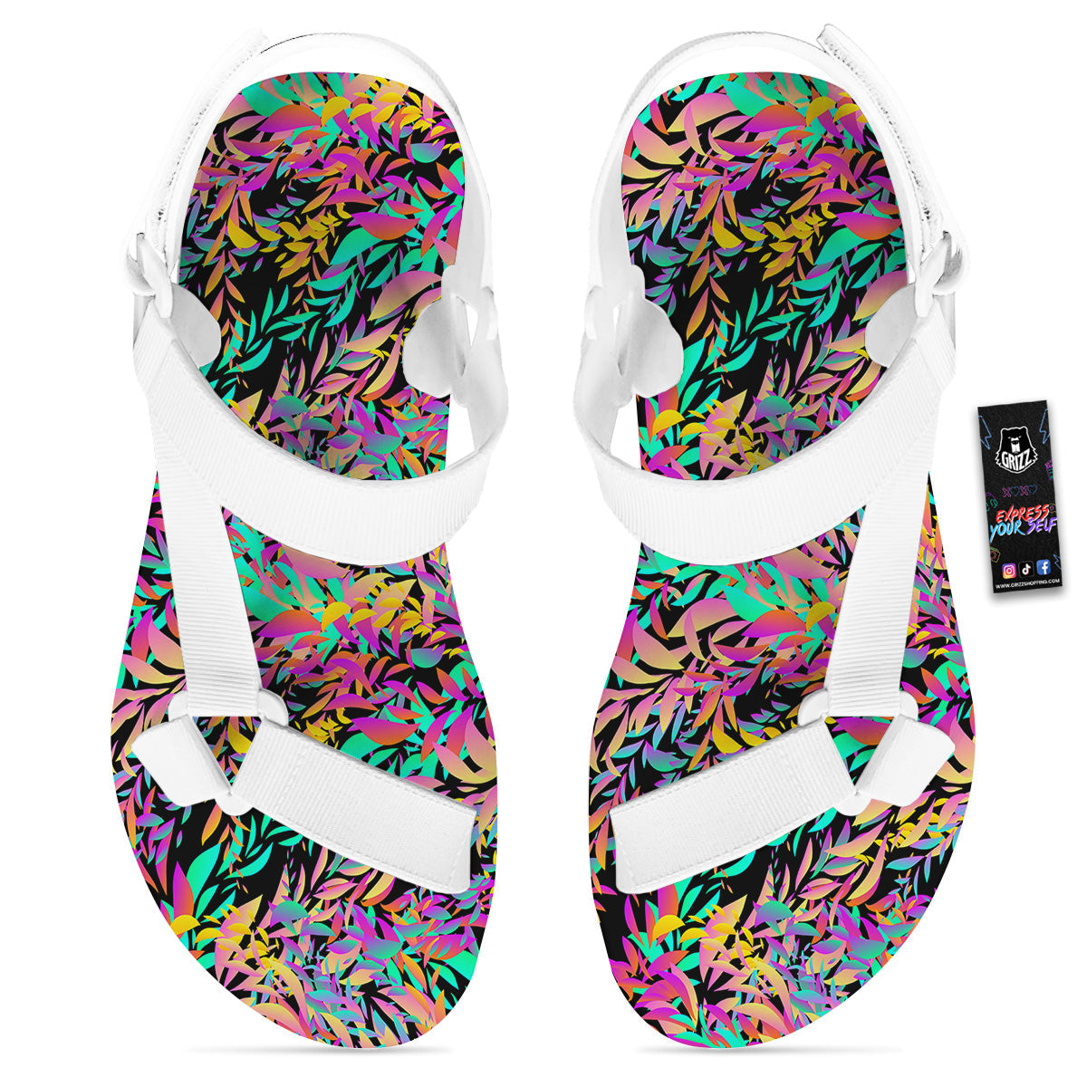 Abstract Leaf Neon Print Pattern White Open Toe Sandals-grizzshop