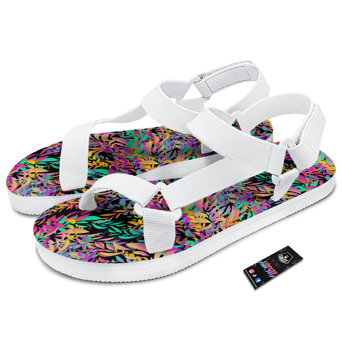 Abstract Leaf Neon Print Pattern White Open Toe Sandals-grizzshop
