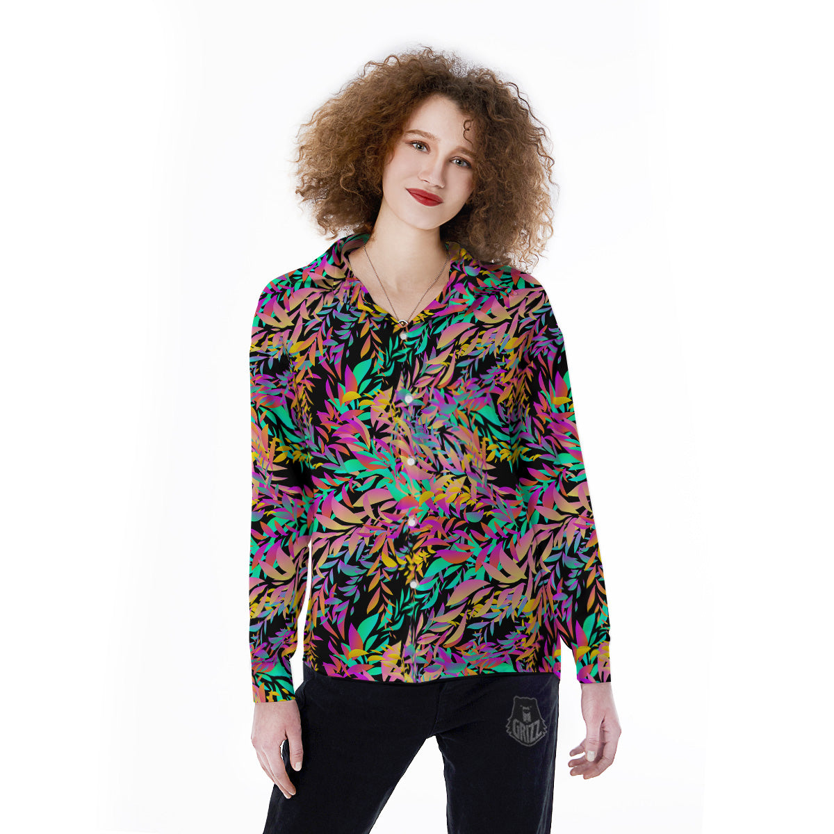 Abstract Leaf Neon Print Pattern Women's Long Sleeve Shirts-grizzshop