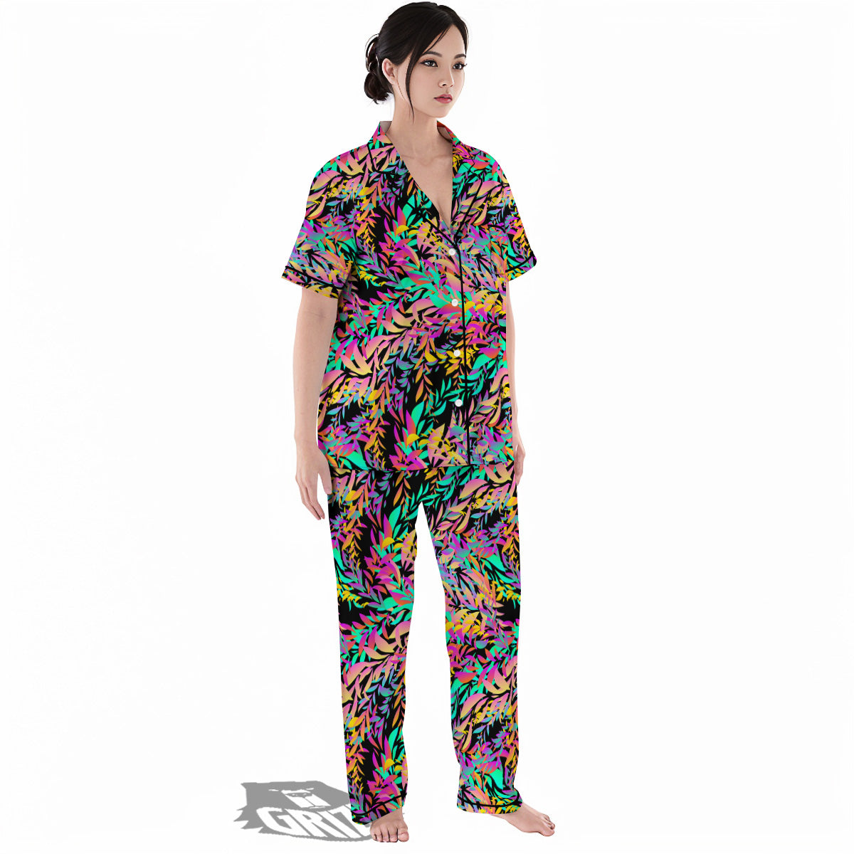 Abstract Leaf Neon Print Pattern Women's Pajamas Set-grizzshop