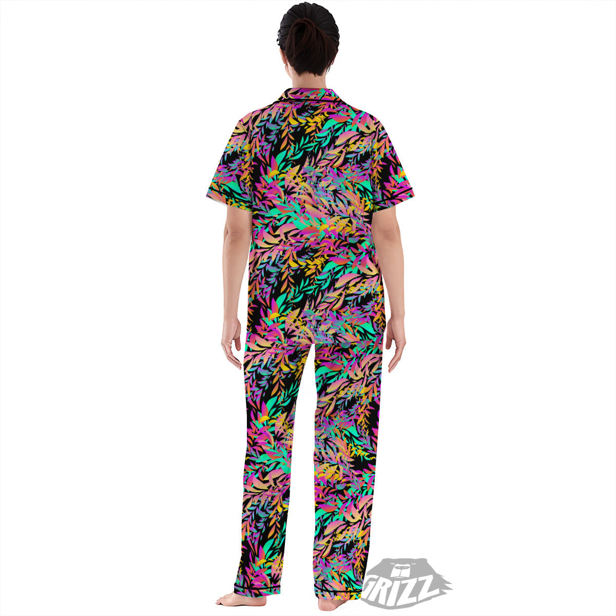 Abstract Leaf Neon Print Pattern Women's Pajamas Set-grizzshop