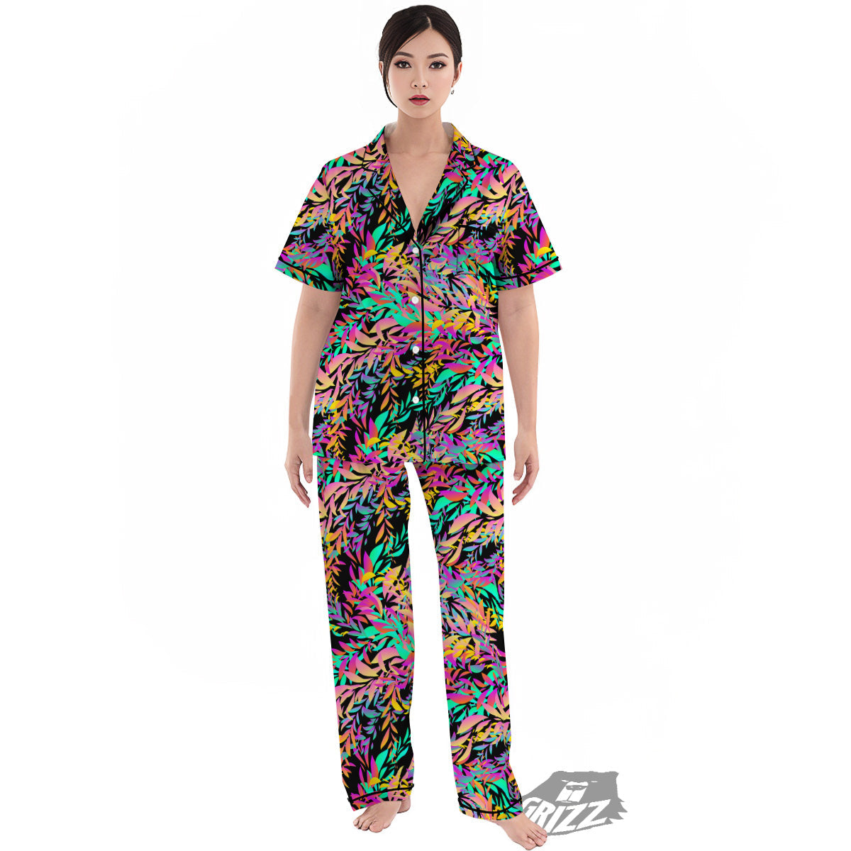 Abstract Leaf Neon Print Pattern Women's Pajamas Set-grizzshop