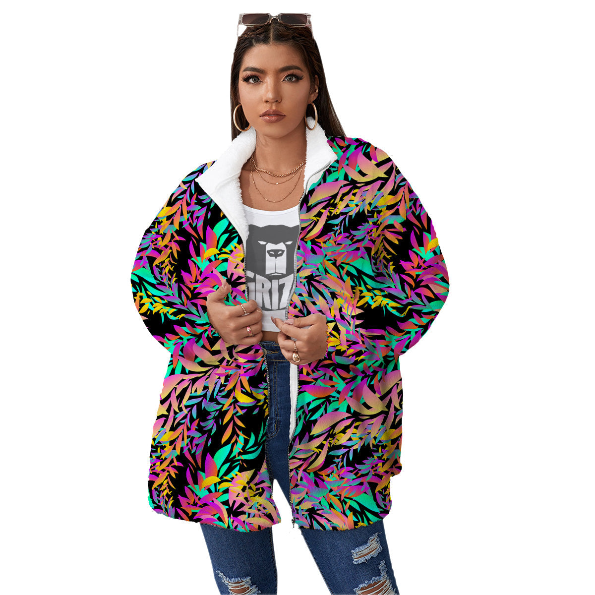 Abstract Leaf Neon Print Pattern Women's Sherpa Jacket-grizzshop