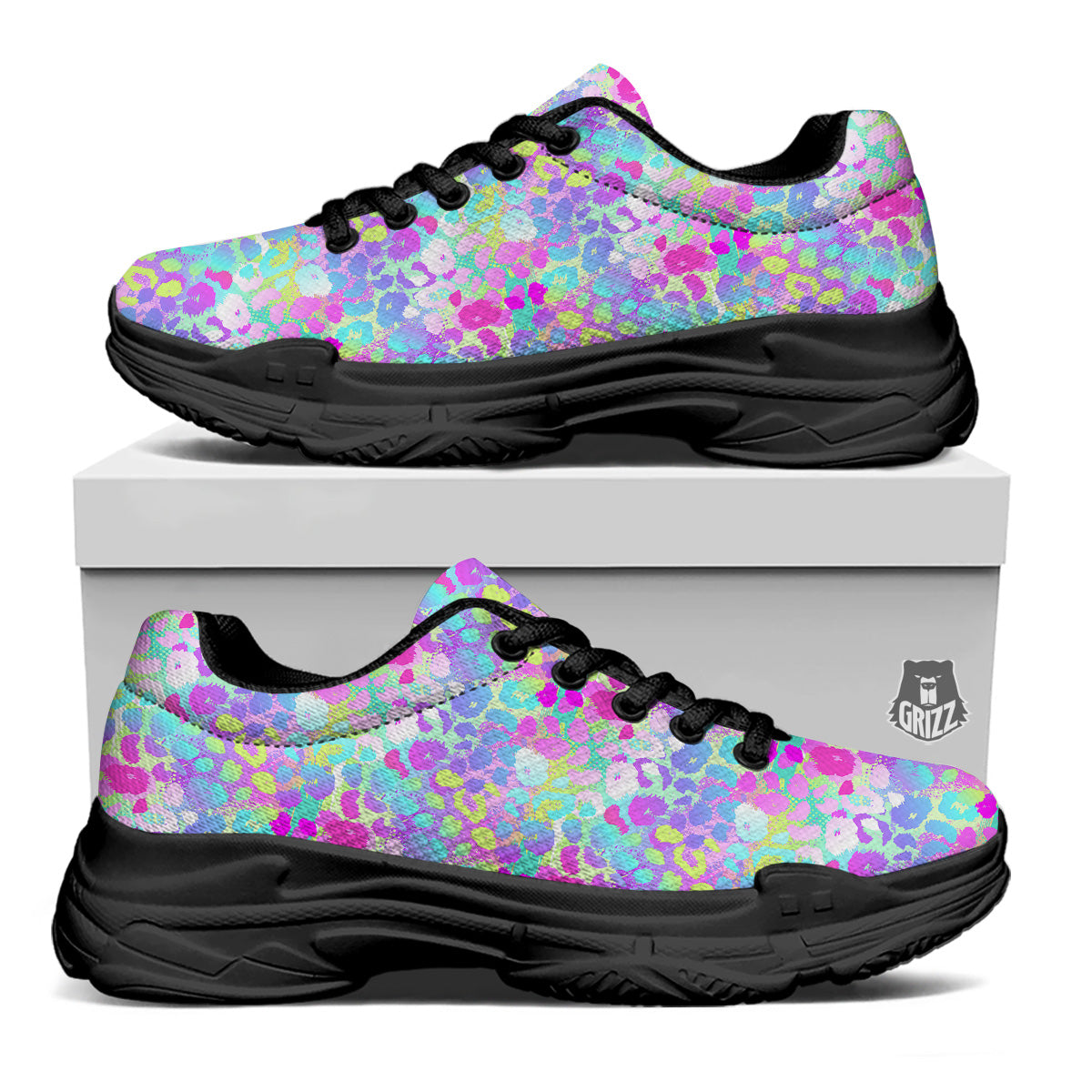 Abstract Leopard Tropical Pastel Print Pattern Black Chunky Shoes-grizzshop