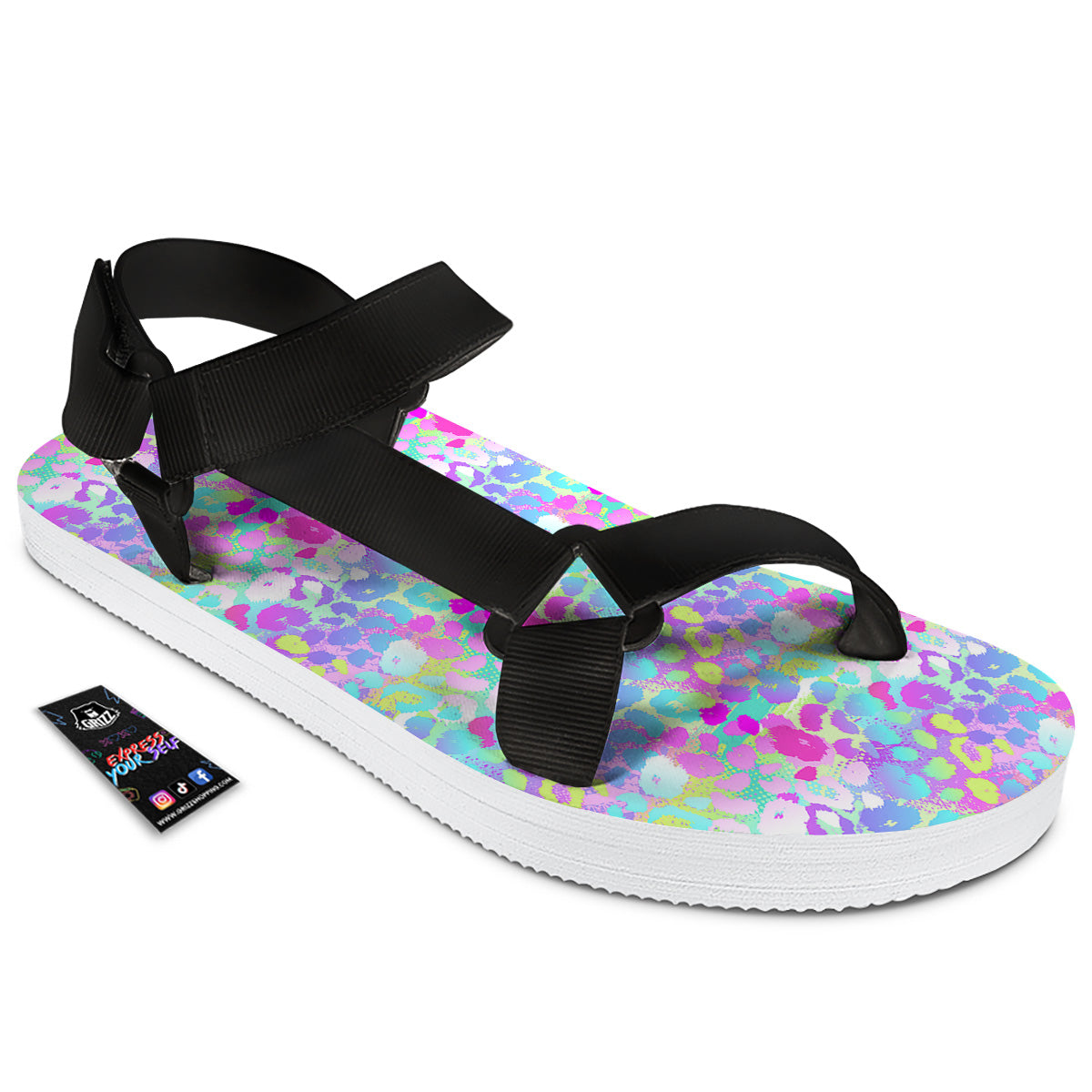 Abstract Leopard Tropical Pastel Print Pattern Black Open Toe Sandals-grizzshop
