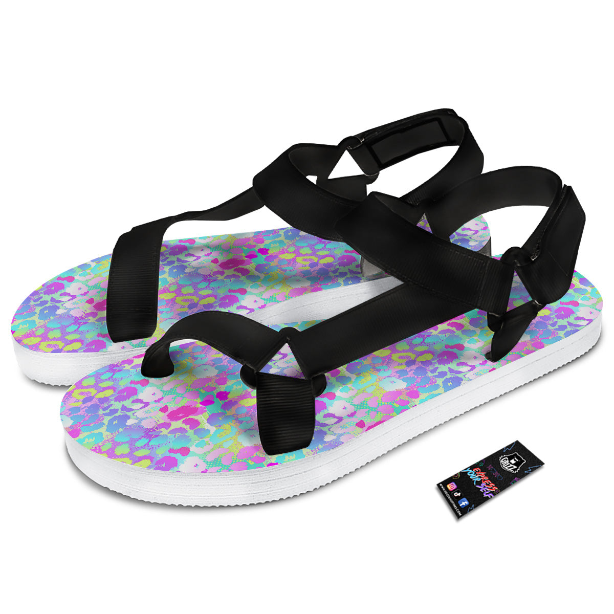Abstract Leopard Tropical Pastel Print Pattern Black Open Toe Sandals-grizzshop