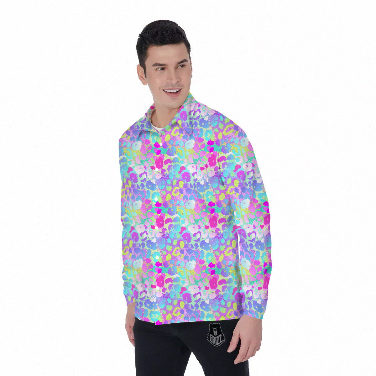 Abstract Leopard Tropical Pastel Print Pattern Men's Long Sleeve Shirts-grizzshop