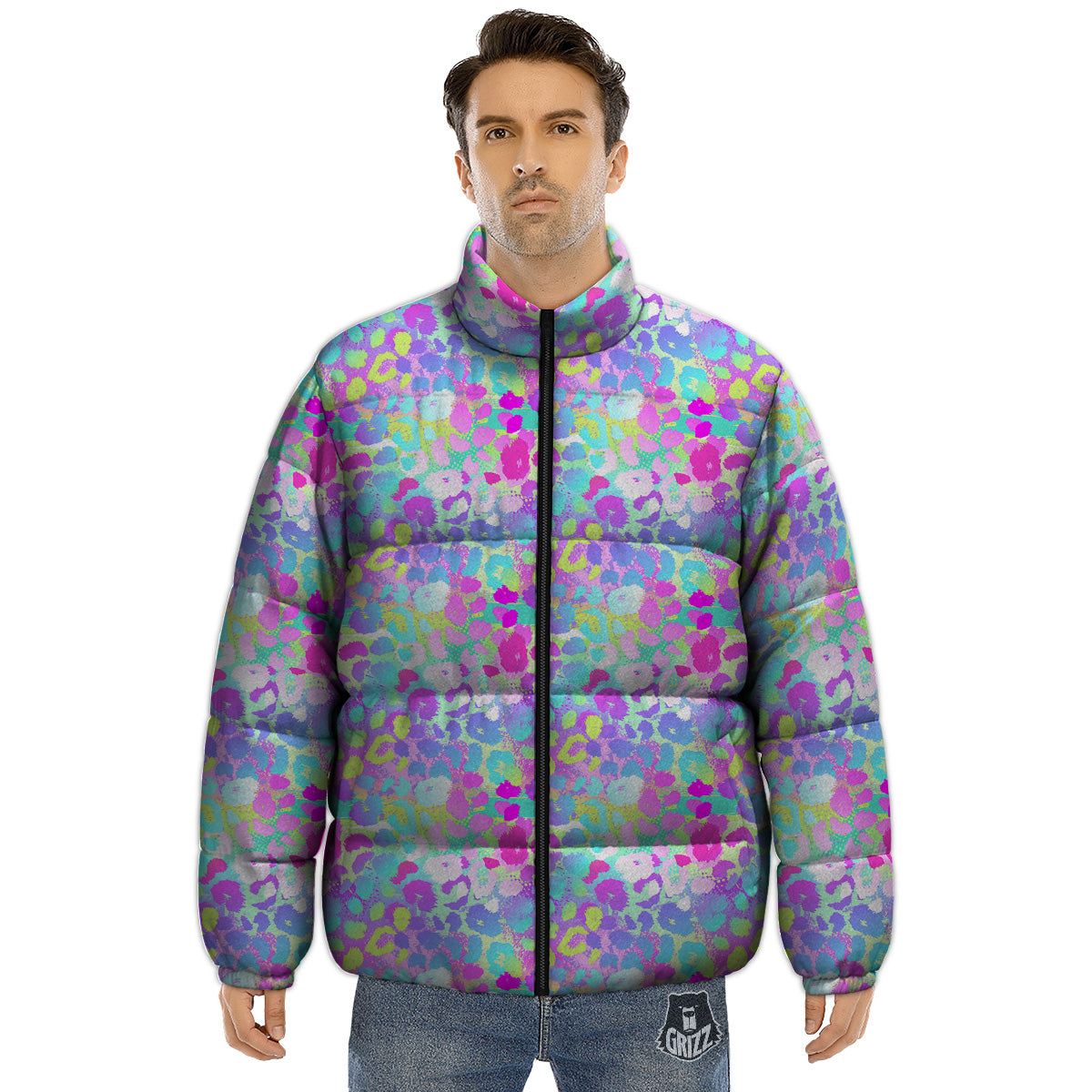 Abstract Leopard Tropical Pastel Print Pattern Puffer Jacket-grizzshop
