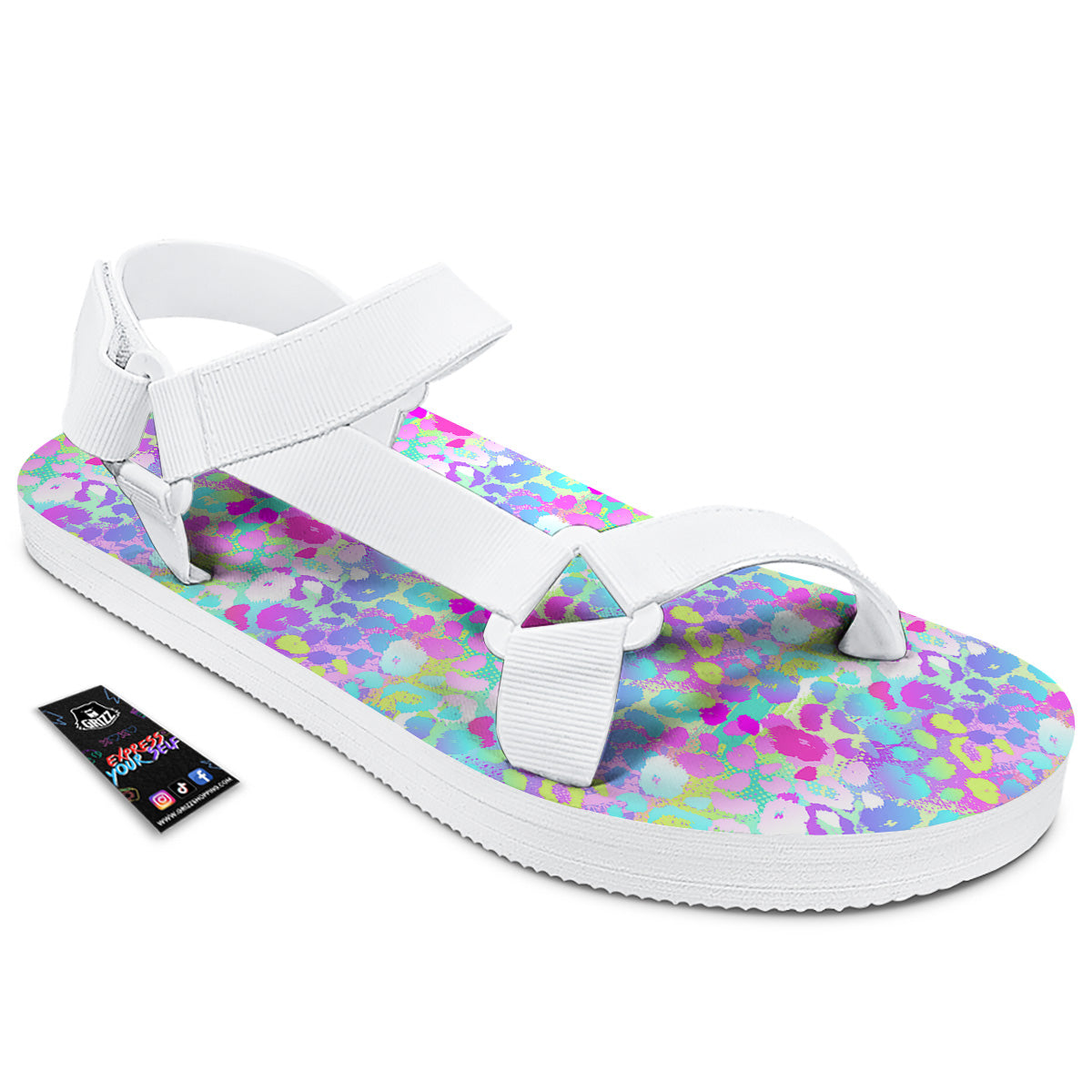 Abstract Leopard Tropical Pastel Print Pattern White Open Toe Sandals-grizzshop