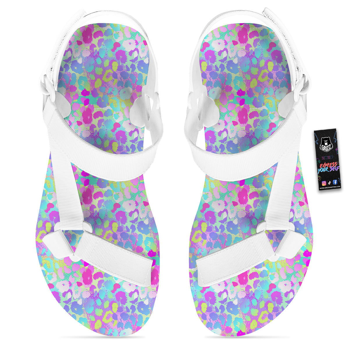 Abstract Leopard Tropical Pastel Print Pattern White Open Toe Sandals-grizzshop