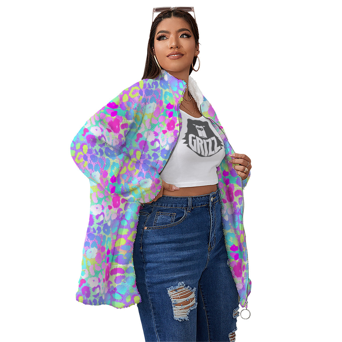 Abstract Leopard Tropical Pastel Print Pattern Women's Sherpa Jacket-grizzshop