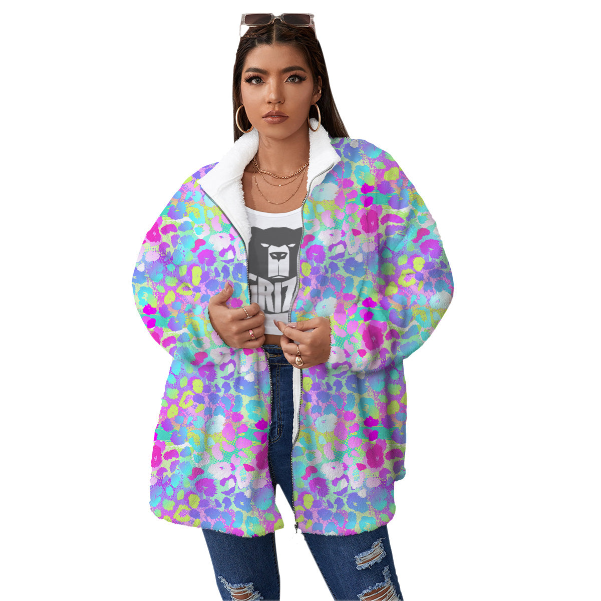 Abstract Leopard Tropical Pastel Print Pattern Women's Sherpa Jacket-grizzshop