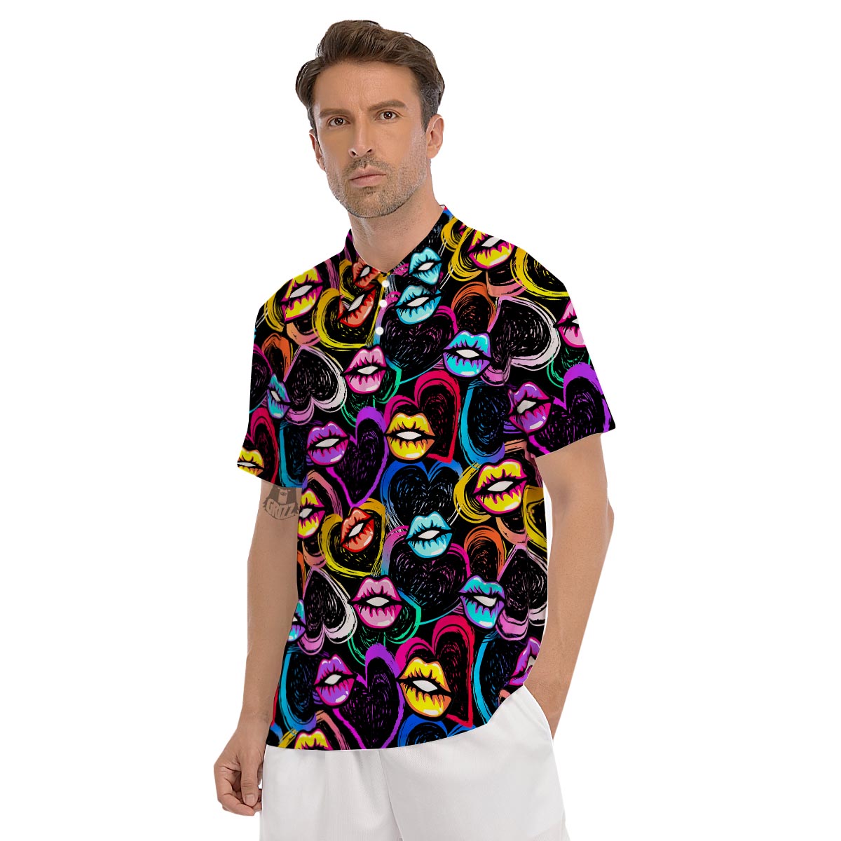 Abstract Lip Graffiti Print Men's Golf Shirts-grizzshop