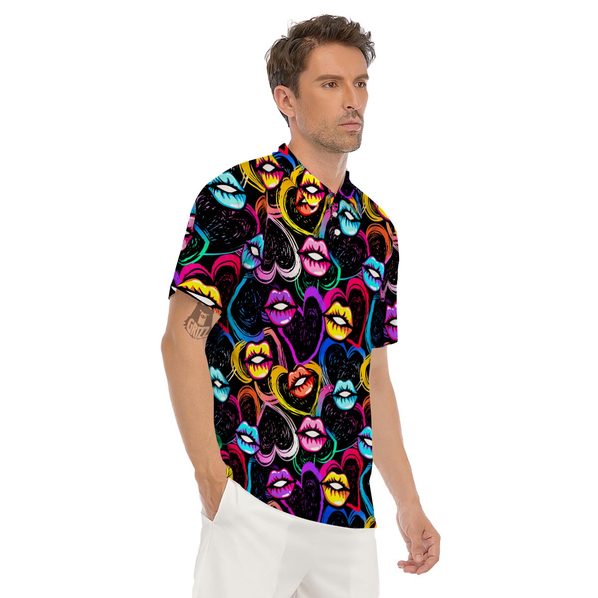 Abstract Lip Graffiti Print Men's Golf Shirts-grizzshop