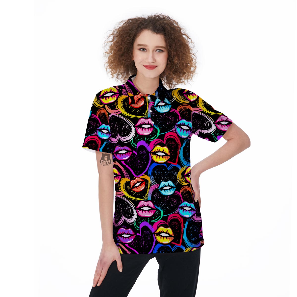 Abstract Lip Graffiti Print Women's Golf Shirts-grizzshop