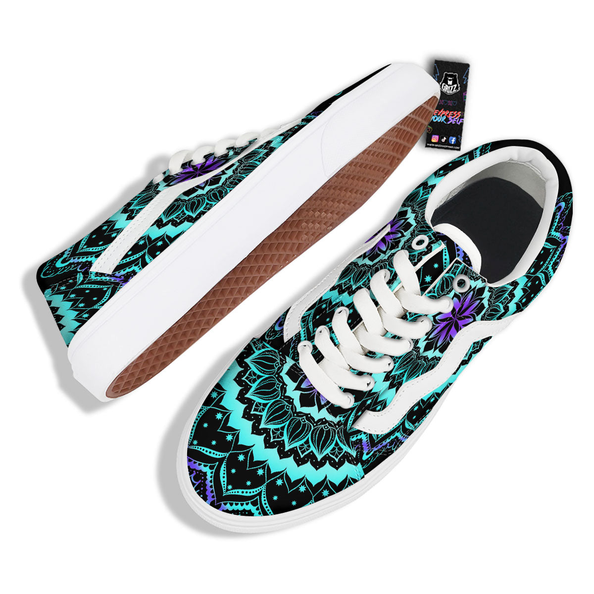 Abstract Mandala Teal And Purple Print Skate Shoes-grizzshop