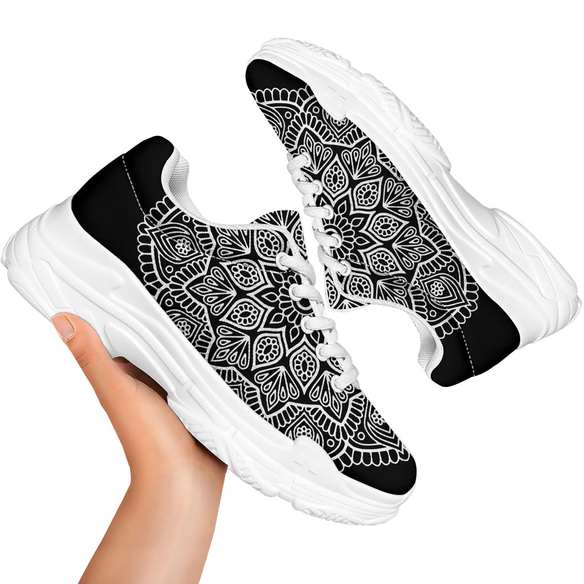 Abstract Mandala White And Black Print White Chunky Shoes-grizzshop