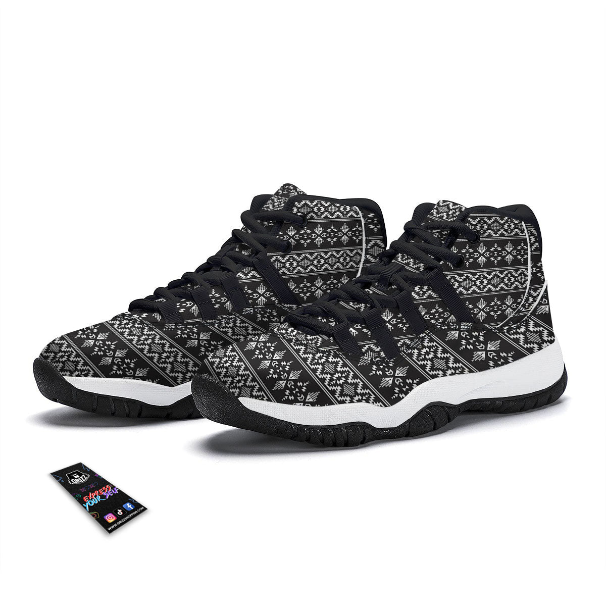 Abstract Navajo White And Black Print Black Bball Shoes-grizzshop