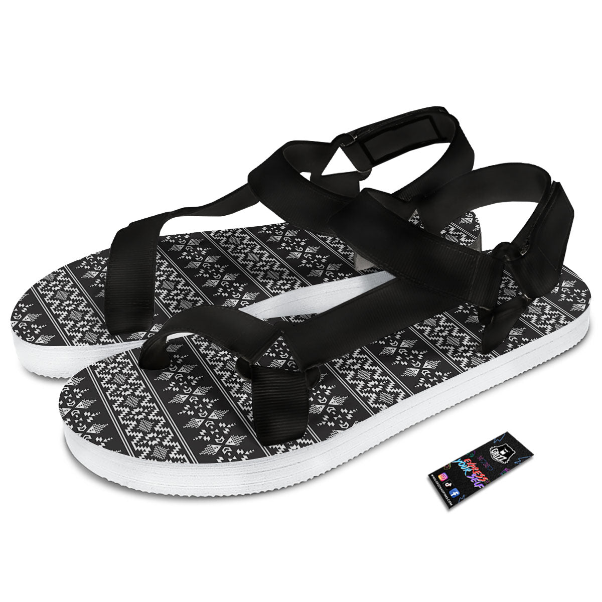 Abstract Navajo White And Black Print Black Open Toe Sandals-grizzshop