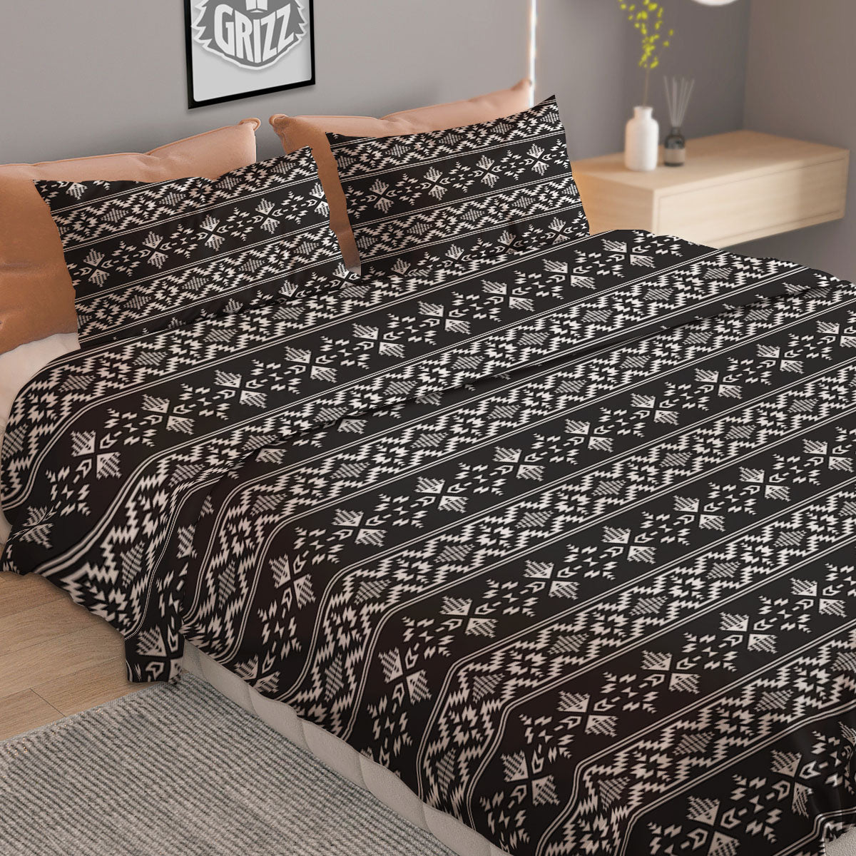 Abstract Navajo White And Black Print Duvet Cover Bedding Set