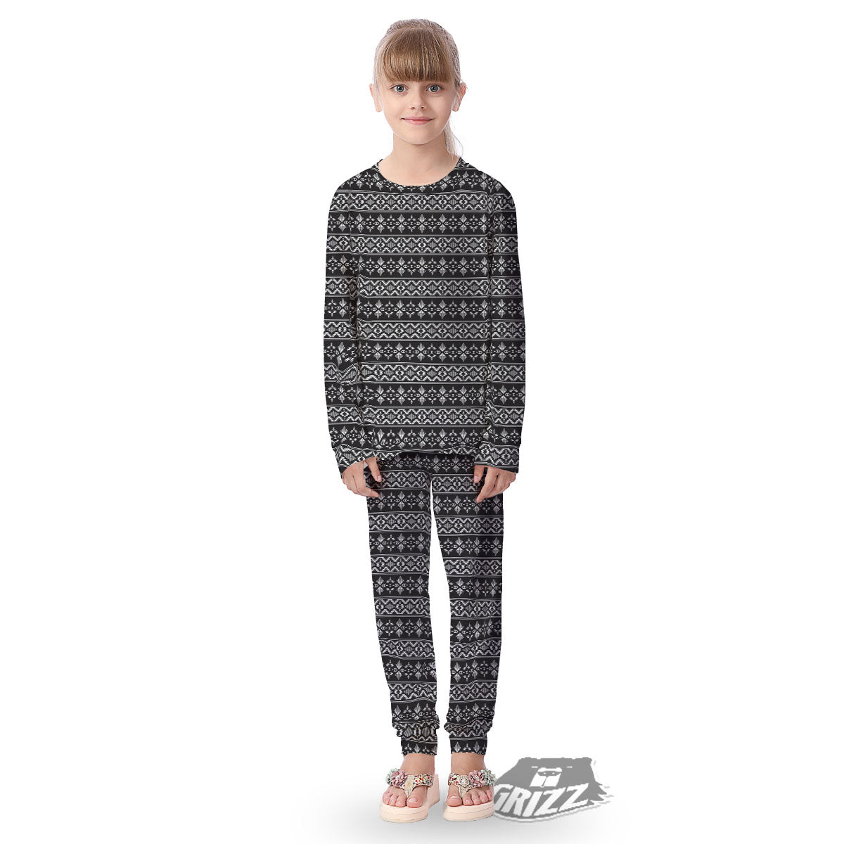 Abstract Navajo White And Black Print Kid's Pajamas-grizzshop