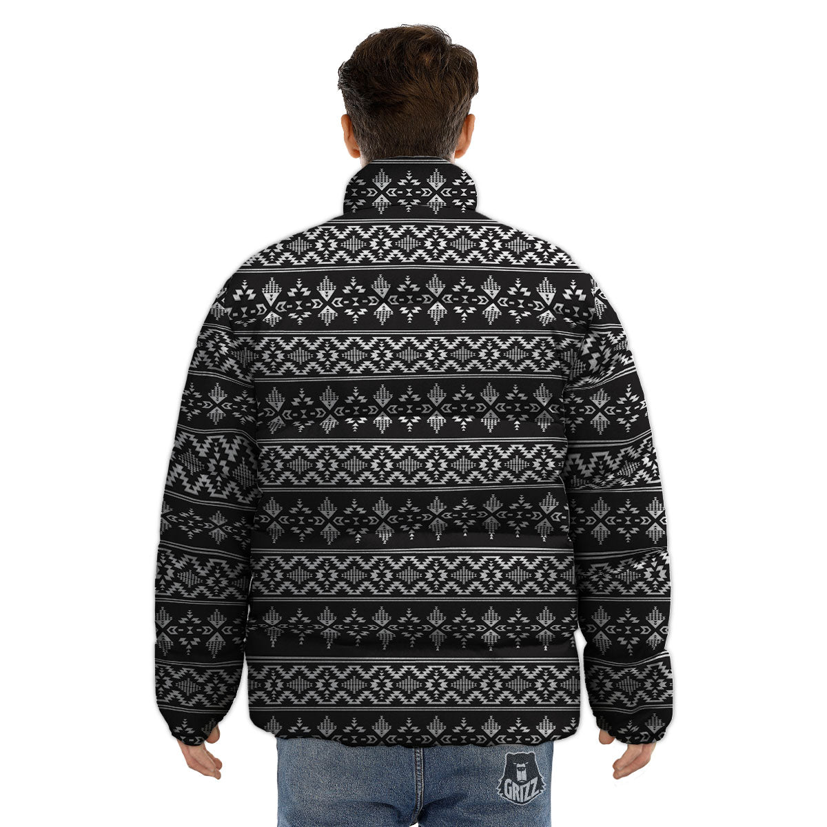 Abstract Navajo White And Black Print Puffer Jacket-grizzshop