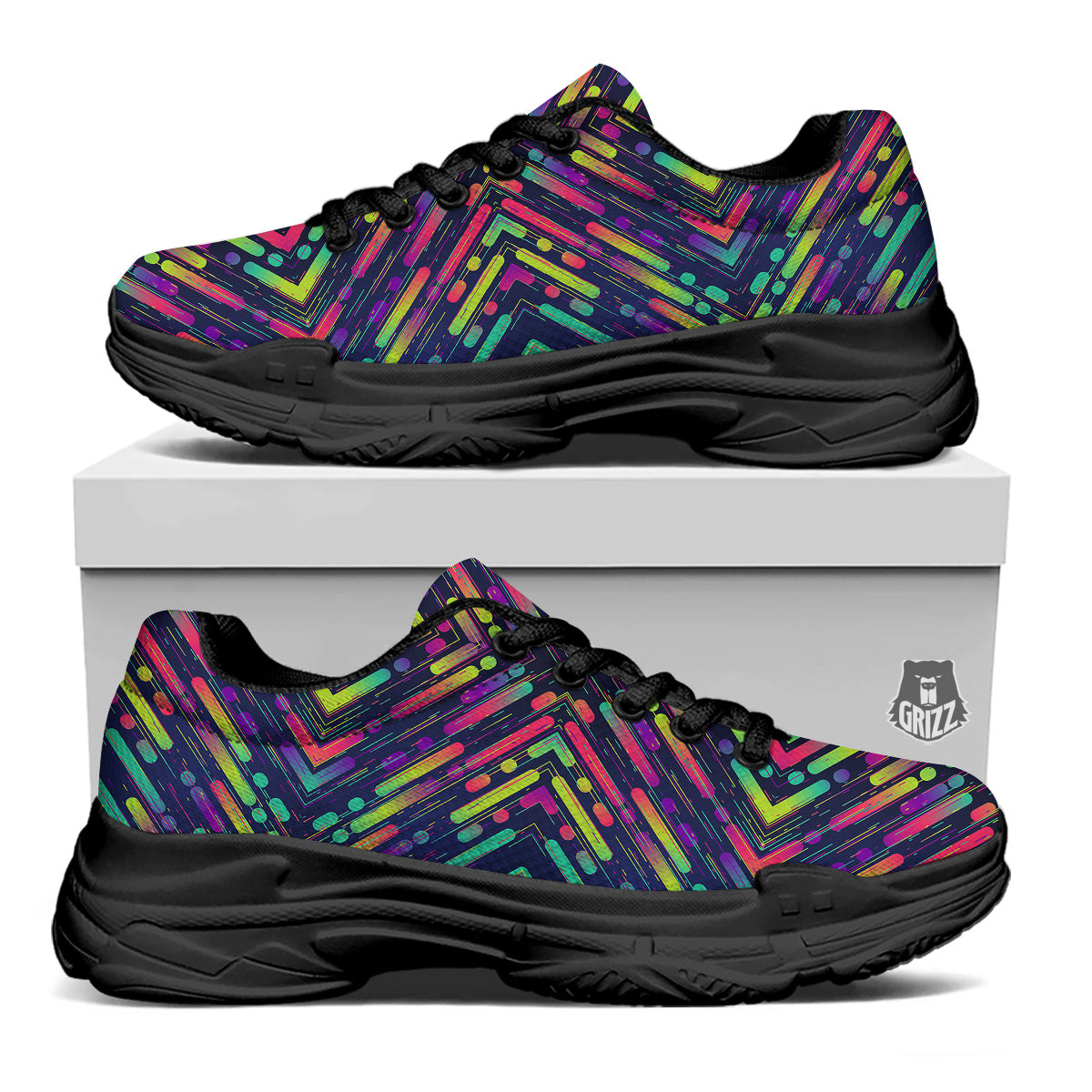Abstract Neon Colorful Stripes Print Pattern Black Chunky Shoes-grizzshop