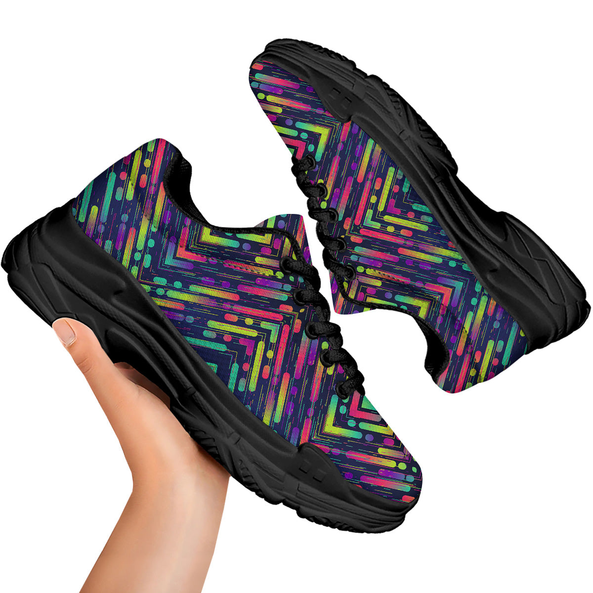 Abstract Neon Colorful Stripes Print Pattern Black Chunky Shoes-grizzshop