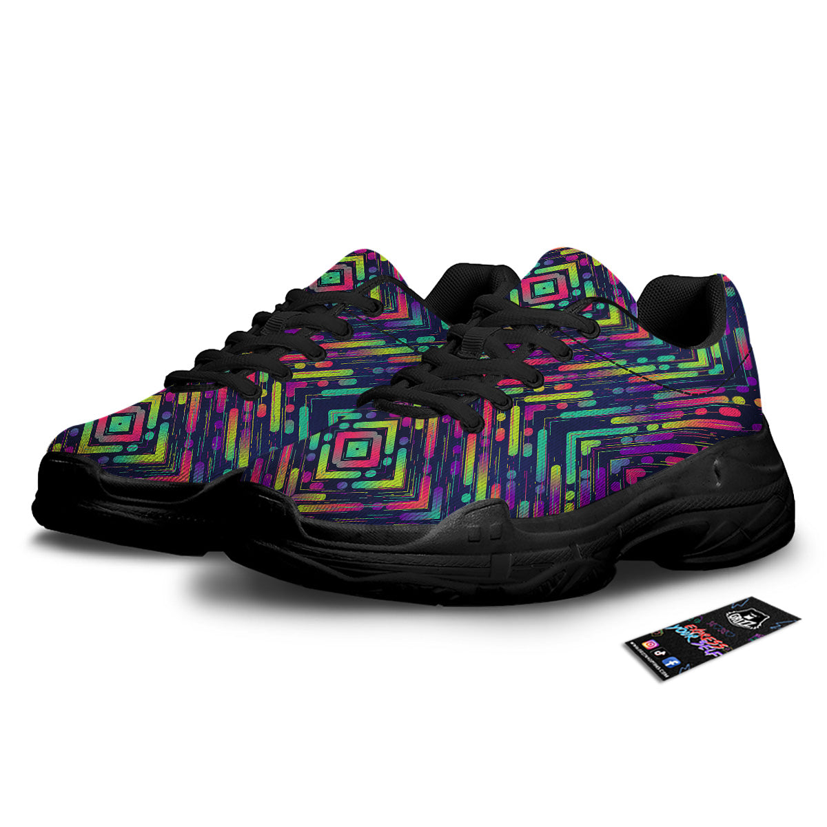 Abstract Neon Colorful Stripes Print Pattern Black Chunky Shoes-grizzshop