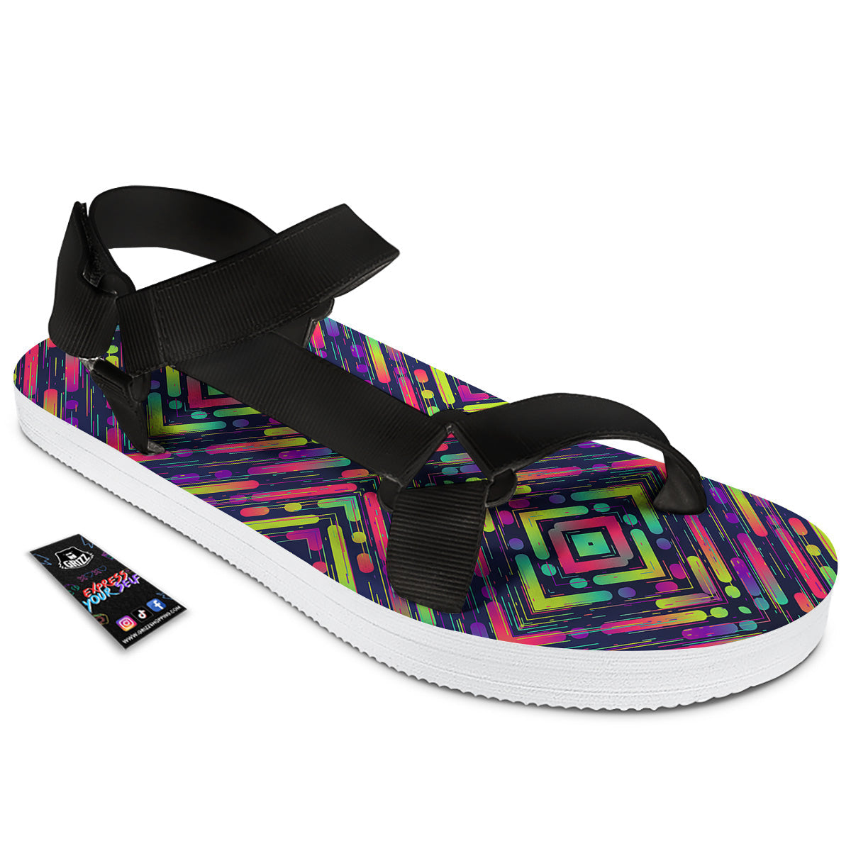 Abstract Neon Colorful Stripes Print Pattern Black Open Toe Sandals-grizzshop