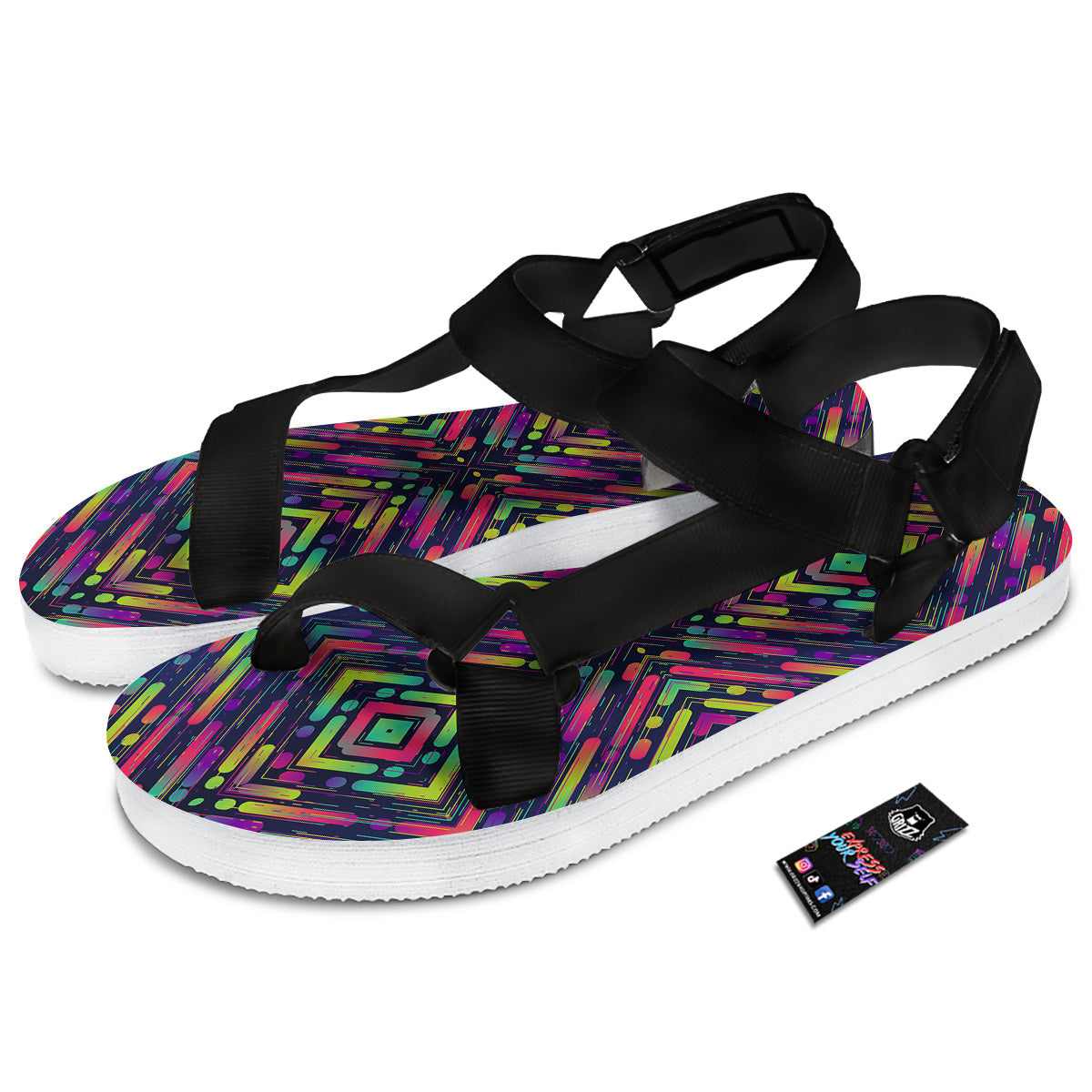 Abstract Neon Colorful Stripes Print Pattern Black Open Toe Sandals-grizzshop
