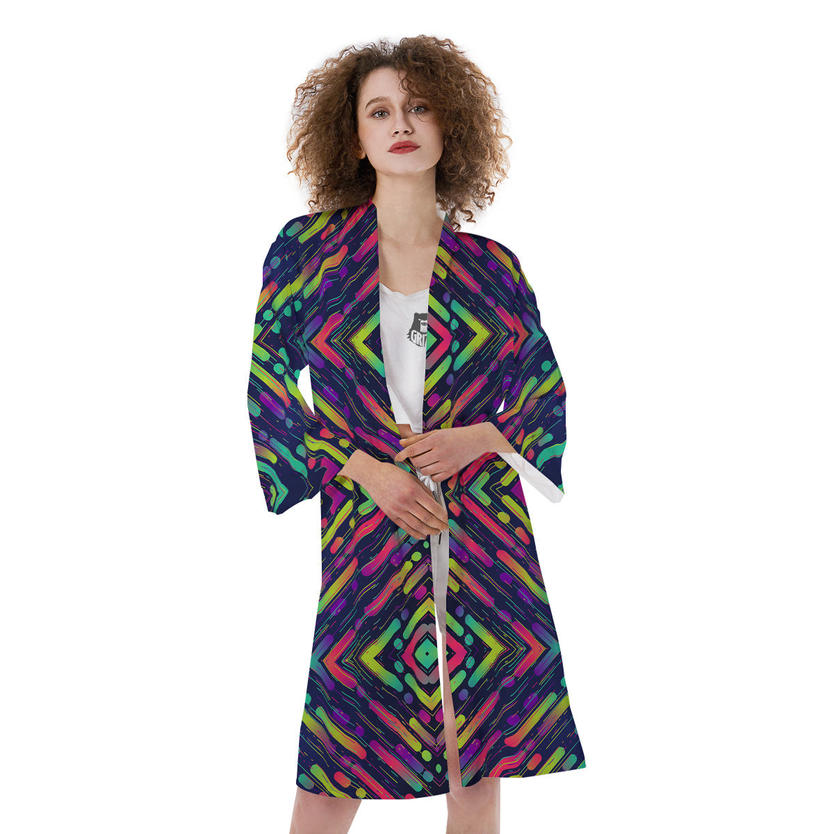 Abstract Neon Colorful Stripes Print Pattern Kimono-grizzshop