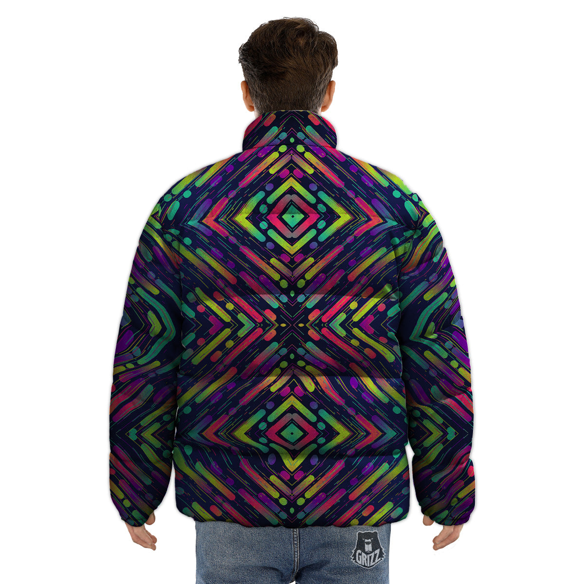 Abstract Neon Colorful Stripes Print Pattern Puffer Jacket-grizzshop