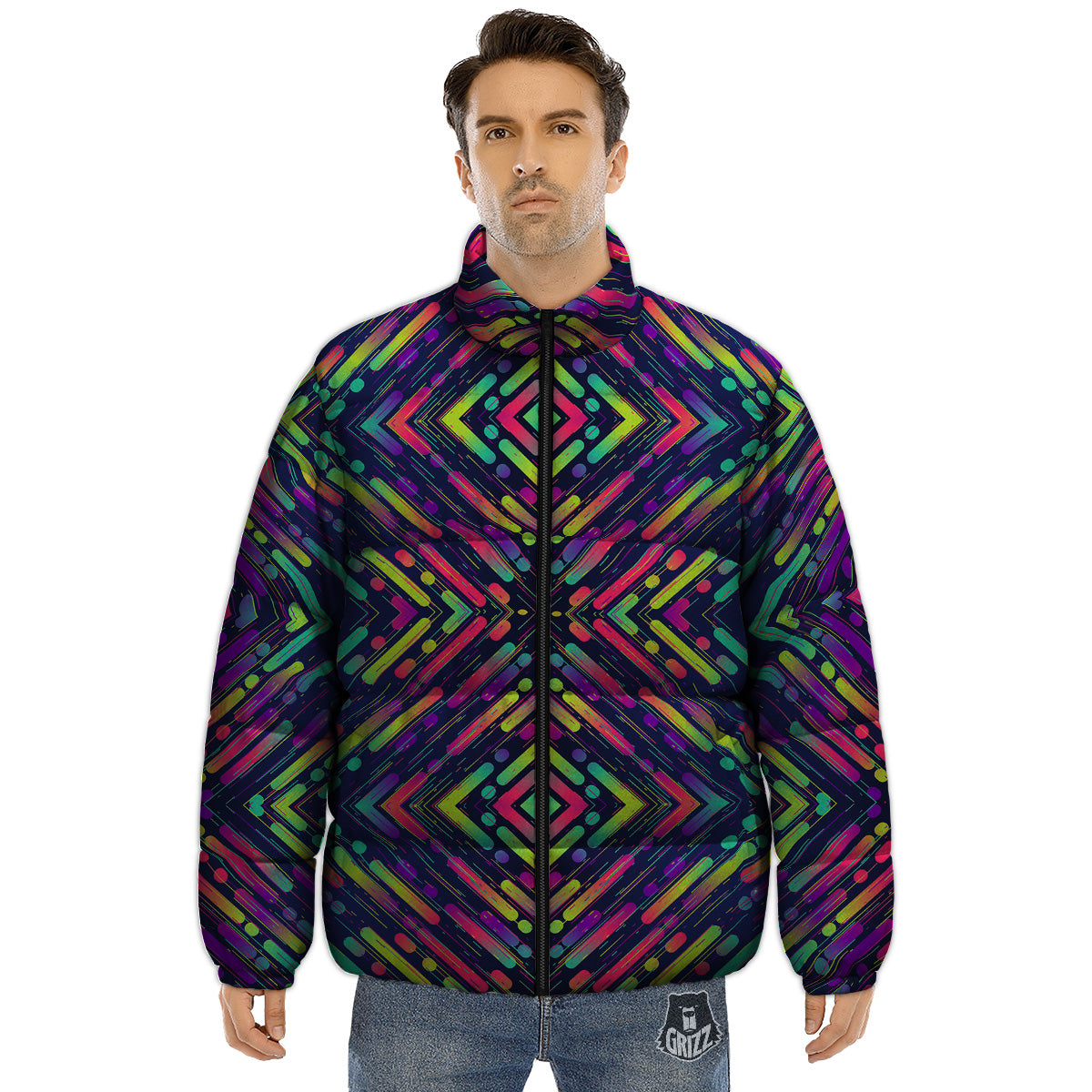 Abstract Neon Colorful Stripes Print Pattern Puffer Jacket-grizzshop