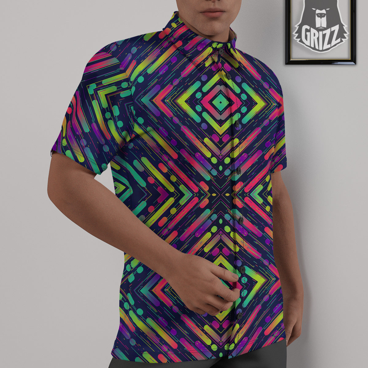 Abstract Neon Colorful Stripes Print Pattern Untucked Shirts-grizzshop